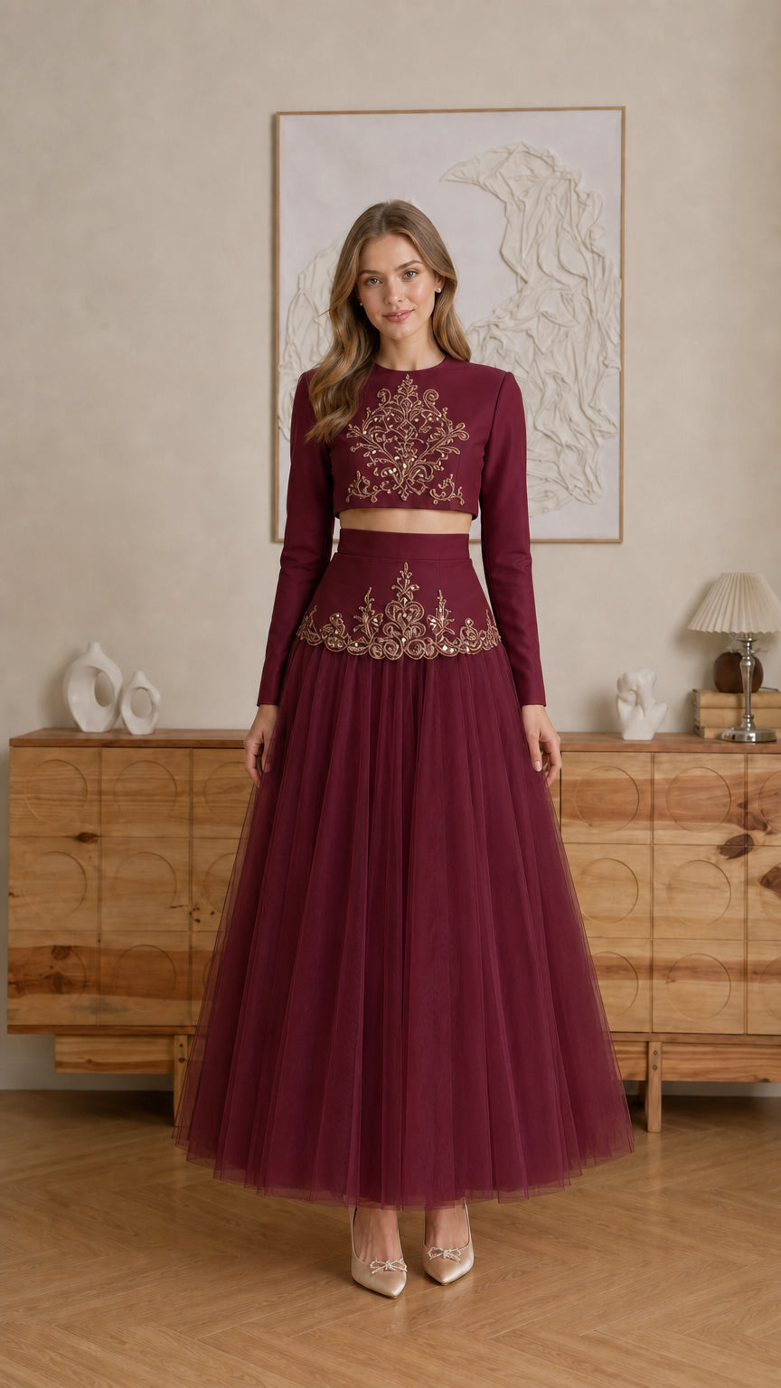 Model wearing Burgundy red embroidered long-sleeve crop top and tulle maxi skirt set - front view