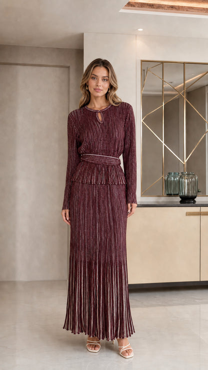 Full front view of Burgundy pleated shimmer long-sleeve maxi dress