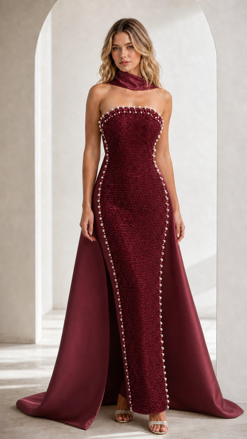 Burgundy wine pearl-beaded column evening gown with dramatic satin train