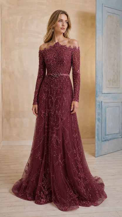 Burgundy wine red long sleeve sequin formal evening gown