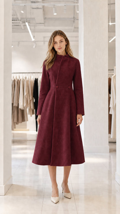 Burgundy wine red A-line flared midi overcoat front view on model