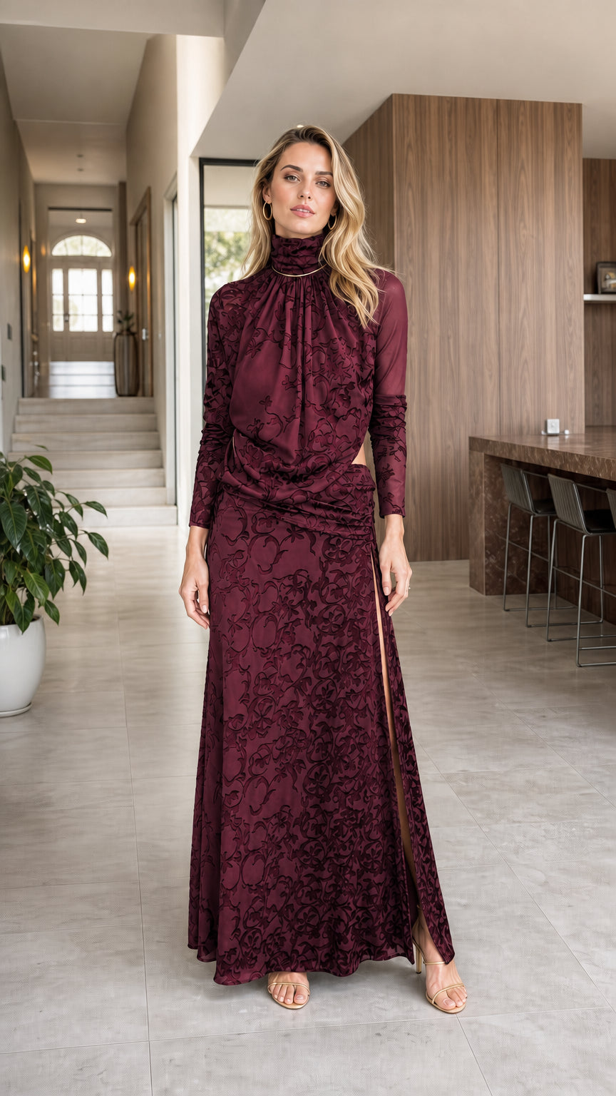 Model wearing burgundy high neck cutout lace maxi dress