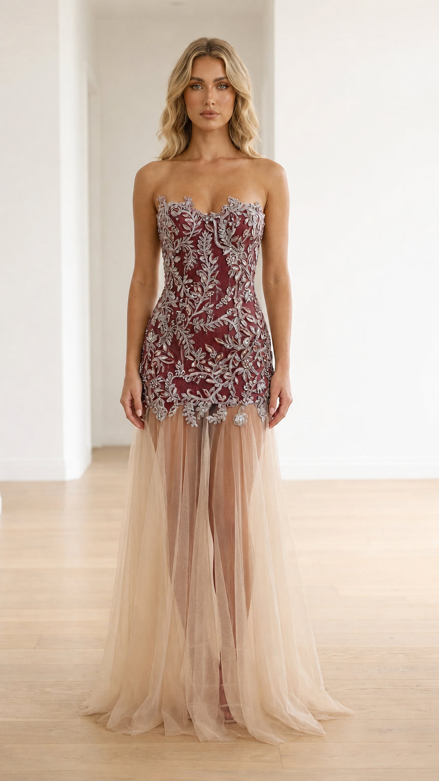 Burgundy floral beaded strapless evening dress with champagne tulle skirt
