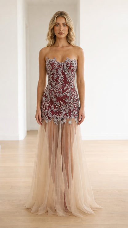 Burgundy floral beaded strapless evening dress with champagne tulle skirt