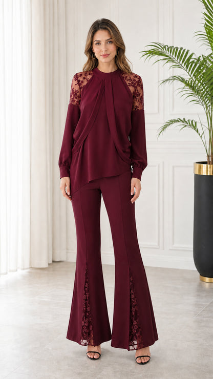 Front full-length view of rich burgundy wine lace patchwork top and flare trousers set