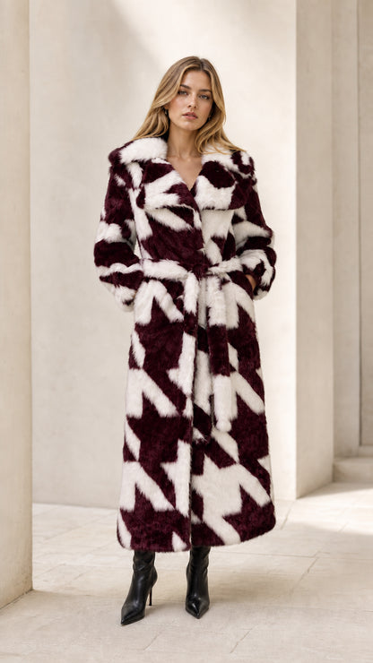 Full-length burgundy wine and white houndstooth belted faux fur maxi coat