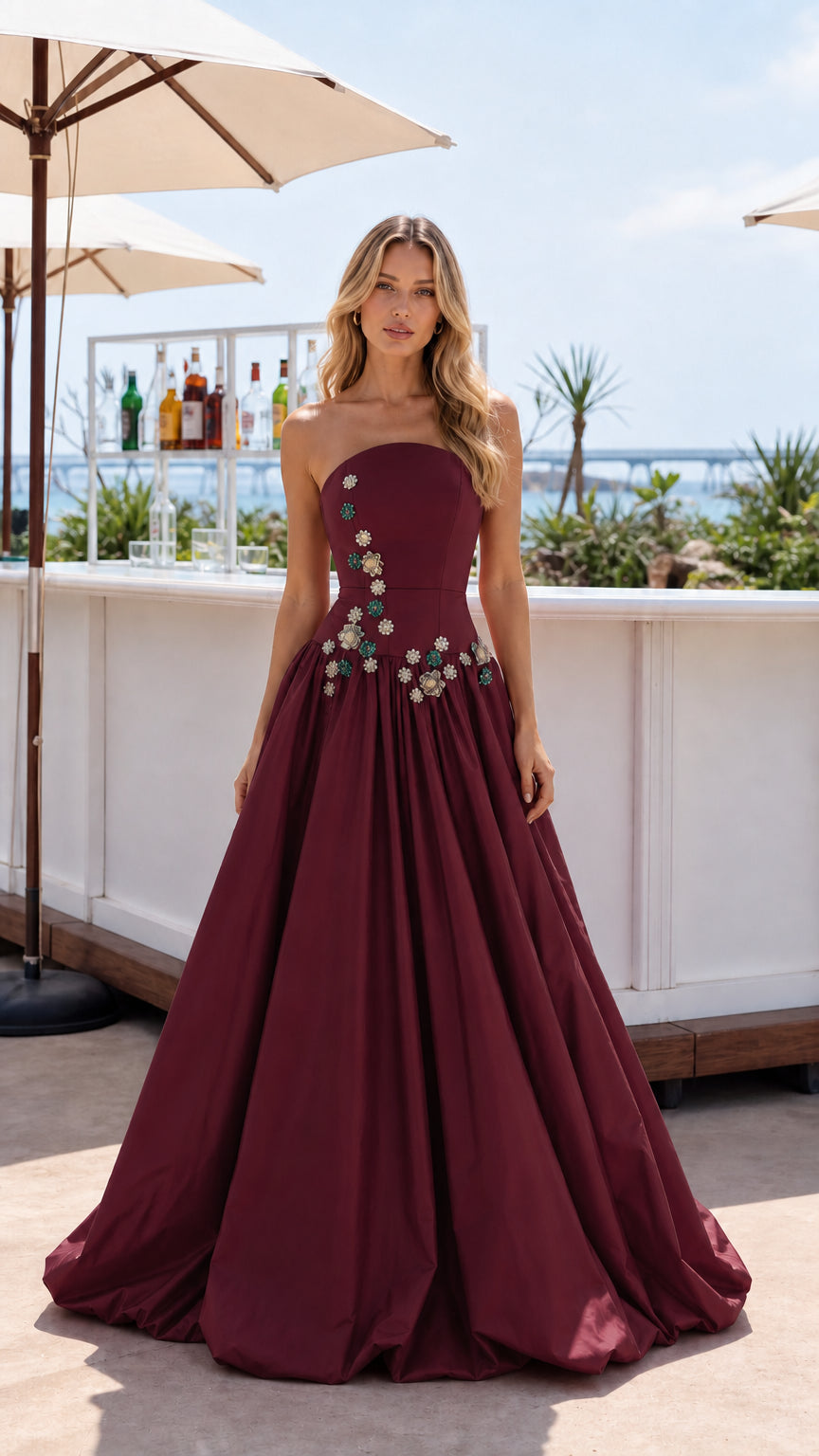 Burgundy wine red strapless embellished A-line ball gown