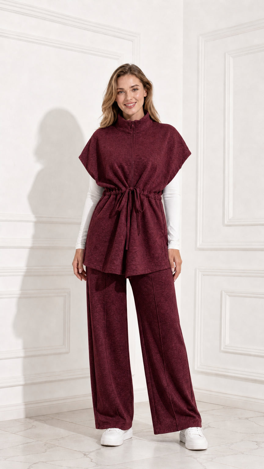 Front full view of women's burgundy wine red 2-piece casual matching lounge set