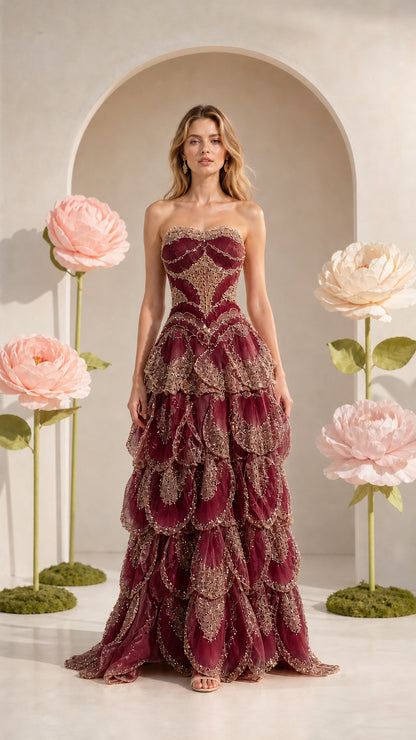 Front view of strapless tiered formal gown in deep burgundy