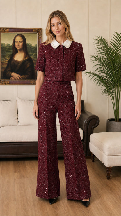 Burgundy wine red tweed two-piece cropped set with contrast collar