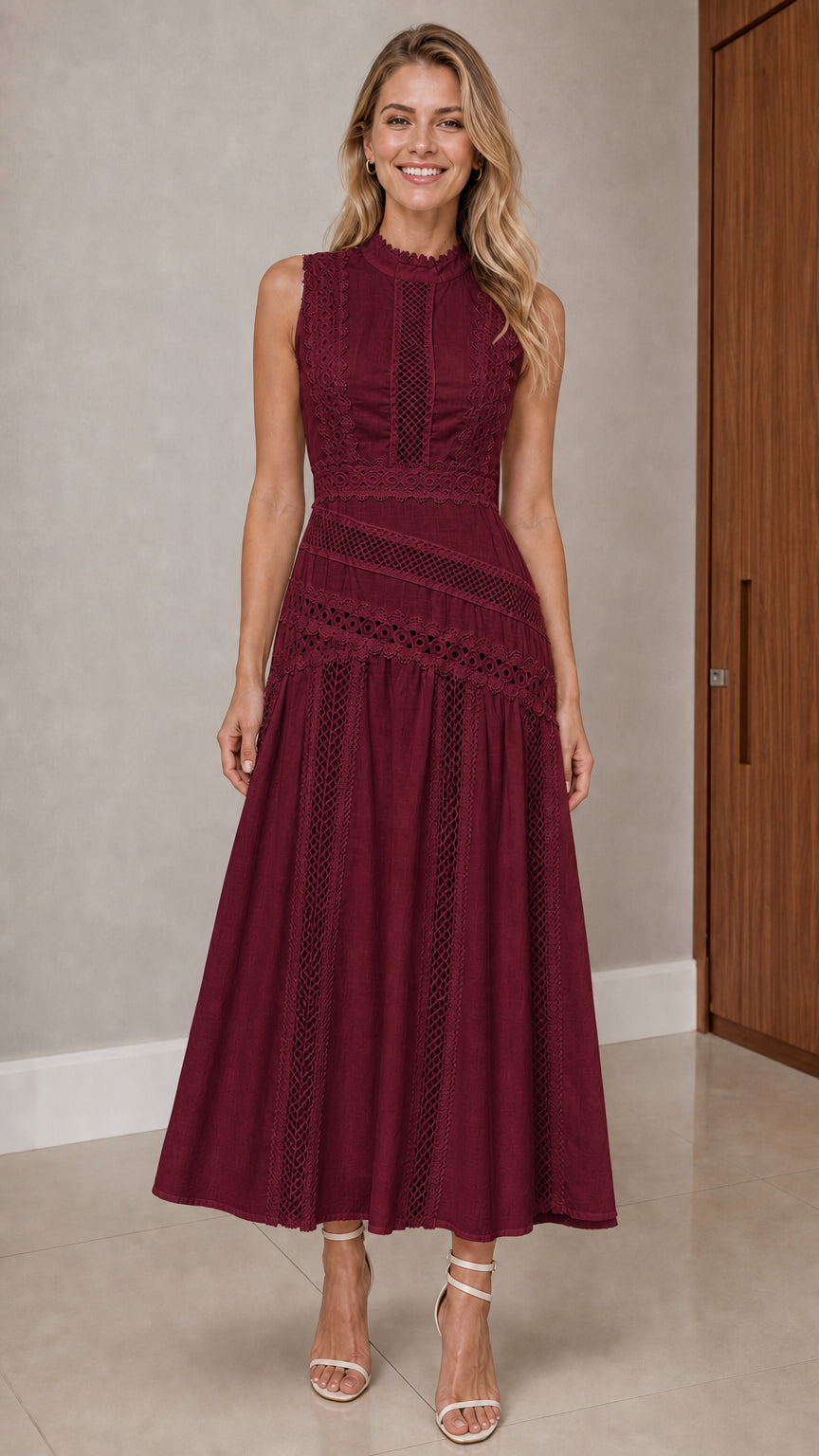 Front view of model wearing burgundy wine sleeveless mock neck lace maxi dress