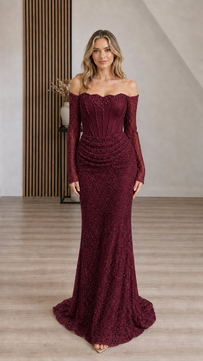 Front view of woman wearing Burgundy wine off-the-shoulder corset long sleeve evening dress