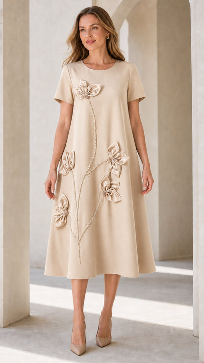 Beige 3D floral applique short sleeve A-line midi dress