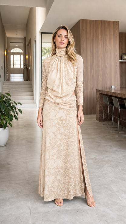 Model wearing champagne high neck cutout lace maxi dress
