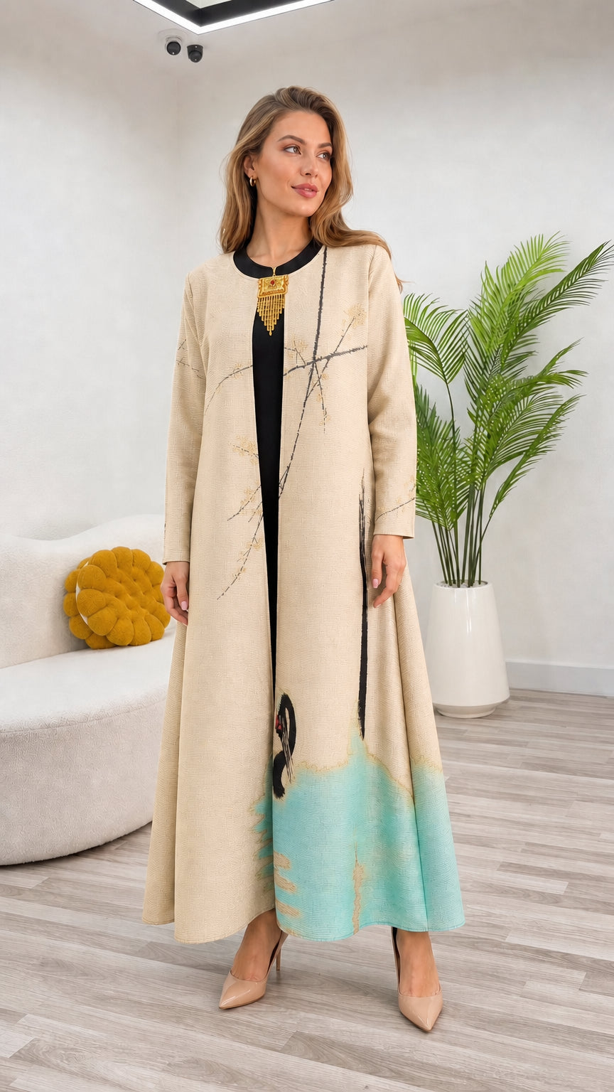 Cream beige modest full-length abaya coat dress with contrast detail