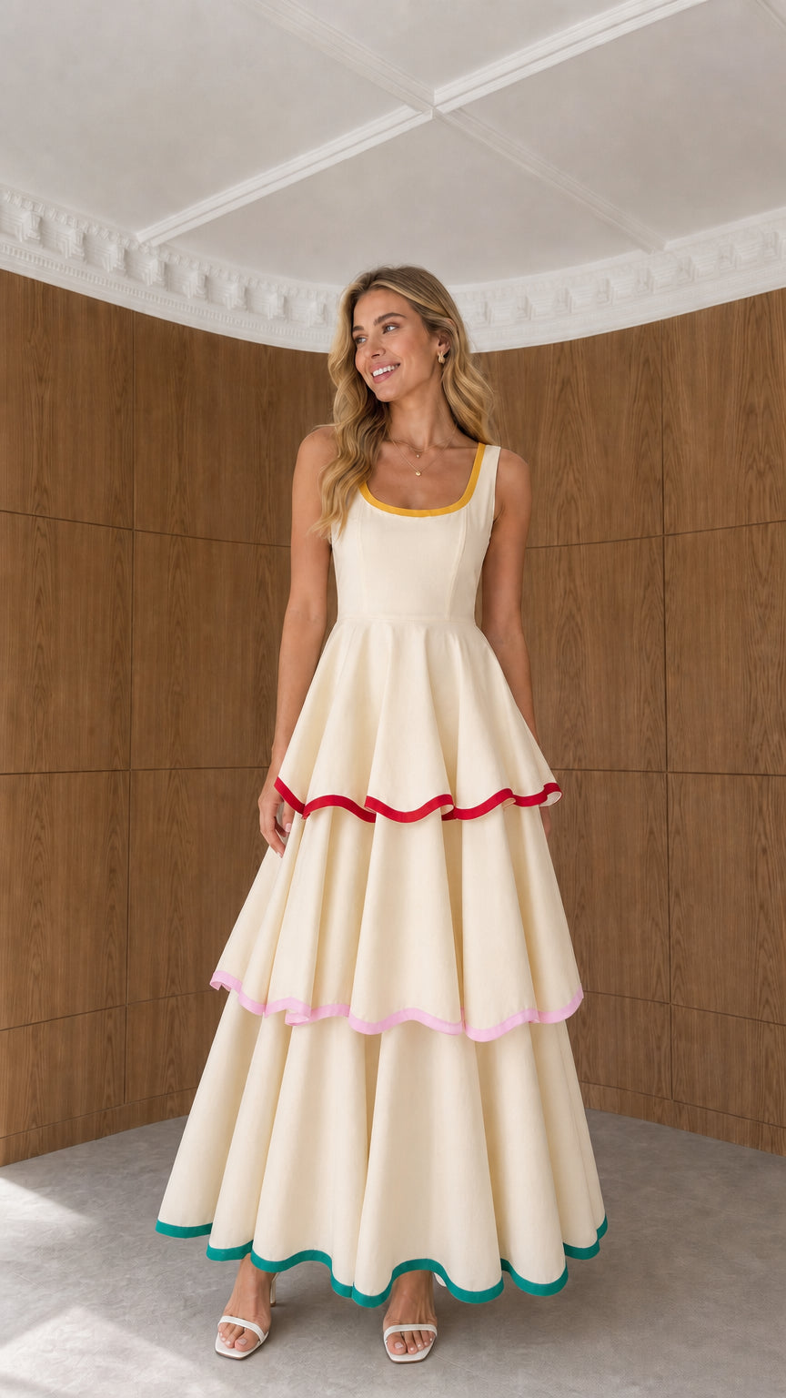Model wearing cream sleeveless tiered maxi dress with contrast trims