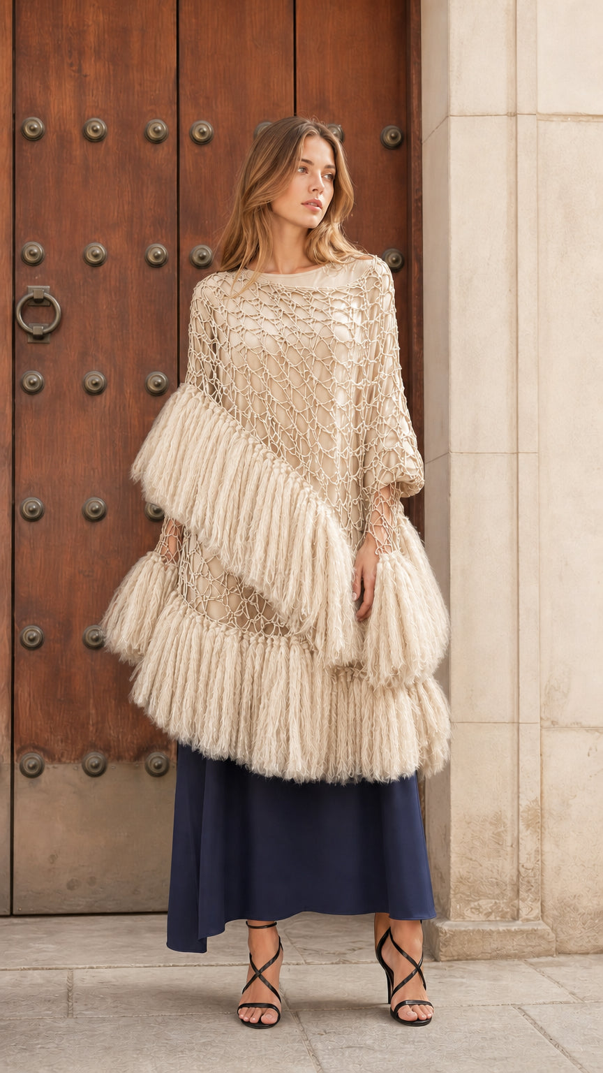 Front view of beige cream tiered fringe crochet poncho top layered over a navy skirt