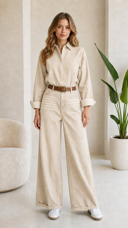 Woman wearing Beige cream collared wide leg denim jumpsuit