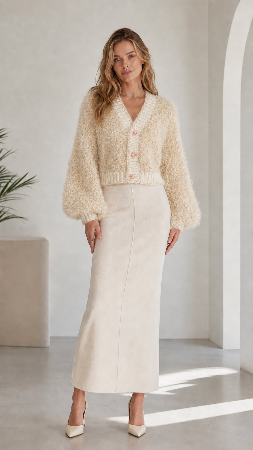 Model wearing cream beige fluffy knit cropped cardigan with contrast trim