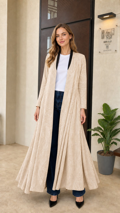 Front full-length view of cream beige jacquard open-front maxi duster coat