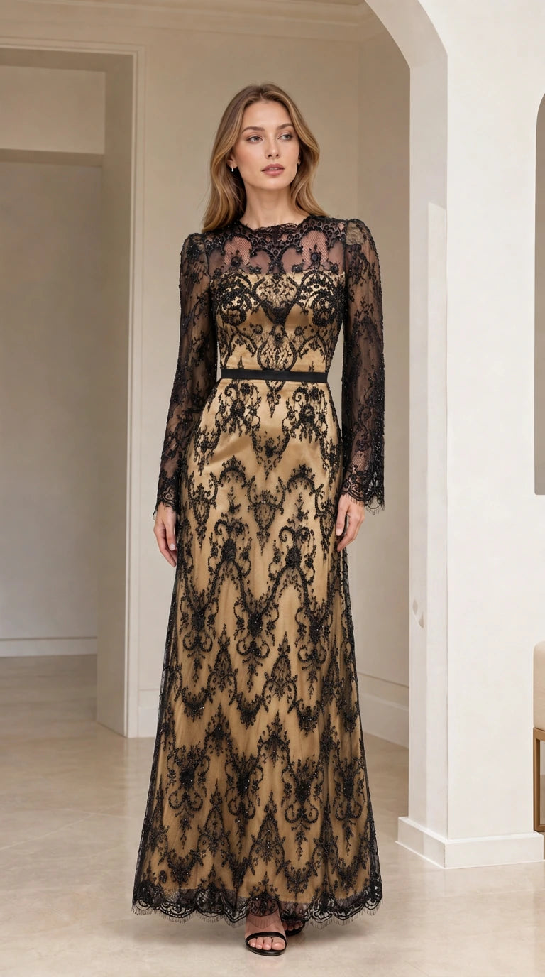 Front full-length view of champagne gold sequin lace long sleeve evening maxi dress