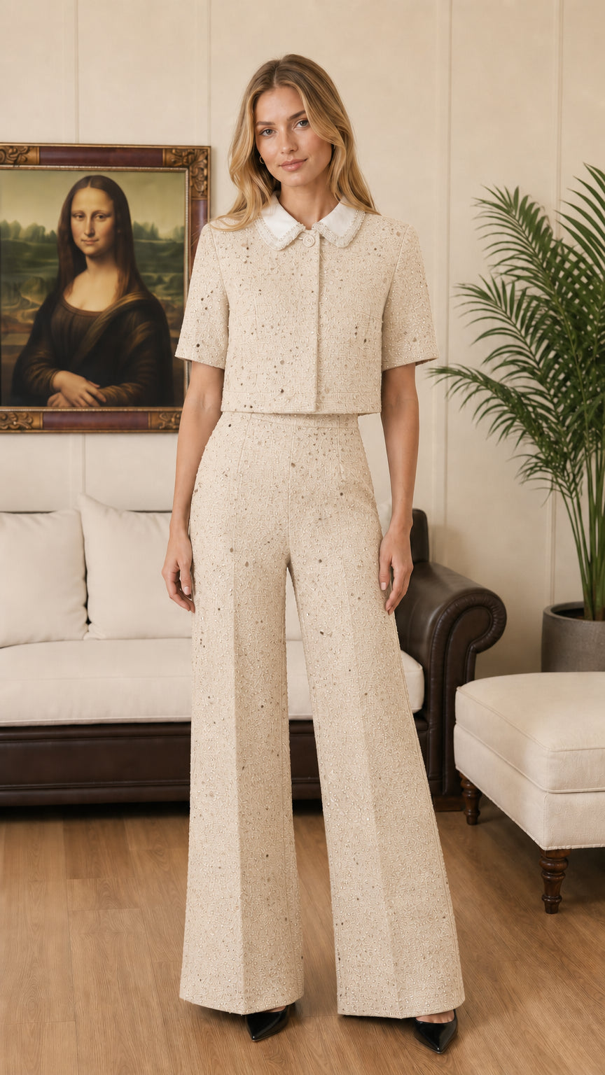 Cream beige tweed cropped top and high-rise wide-leg pants set