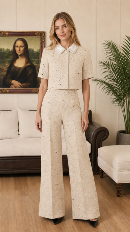 Cream beige tweed cropped top and high-rise wide-leg pants set