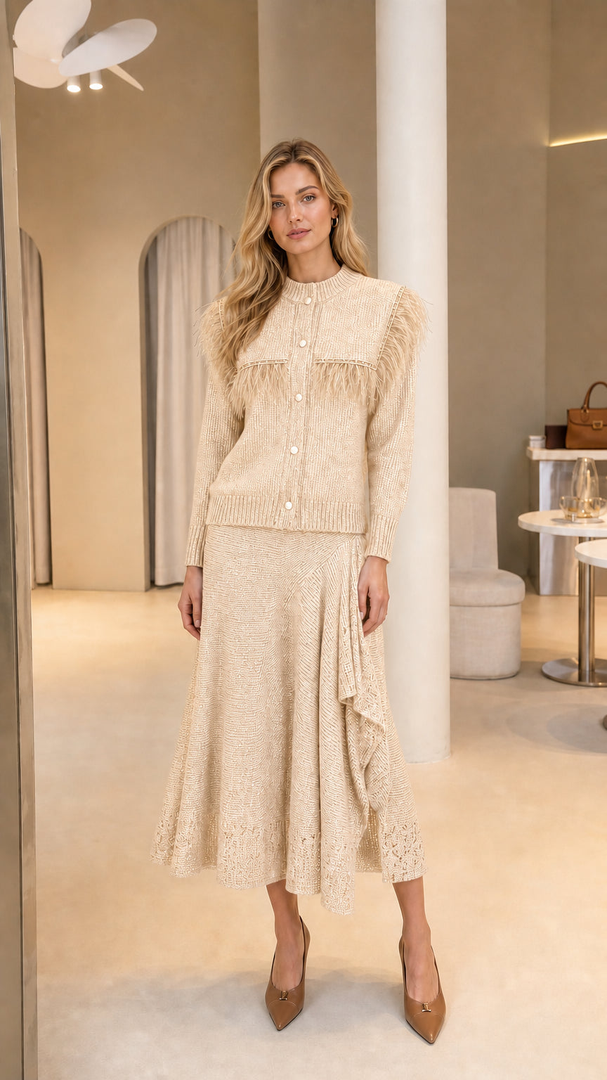 Full-length view of Cream beige feather trim knit cardigan and ruffled midi skirt set