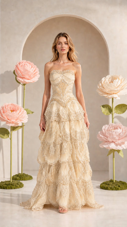 Front view of strapless tiered formal gown in champagne gold