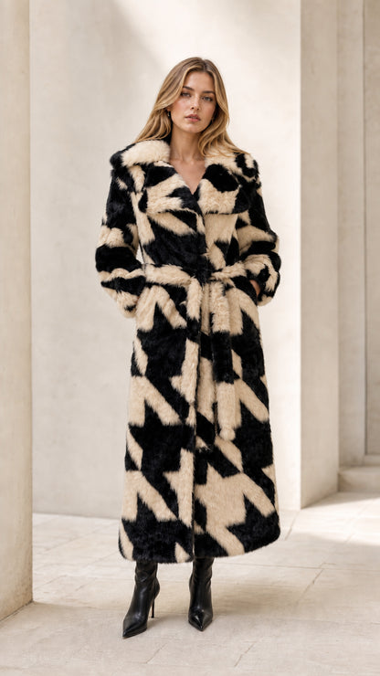 Full-length beige and black houndstooth long faux fur coat with tie belt