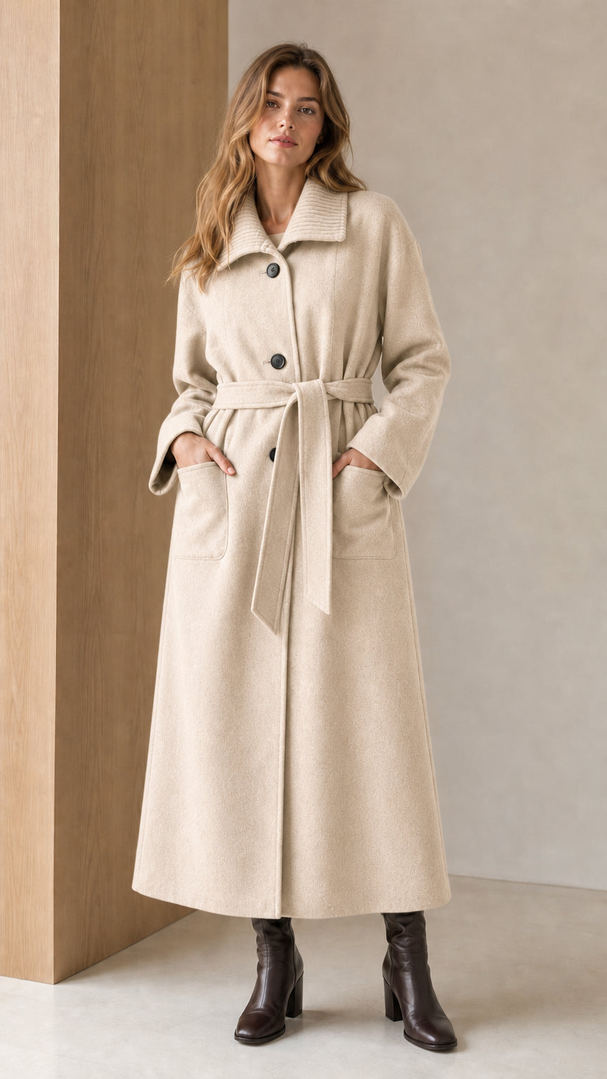 Woman wearing Beige oatmeal long belted winter coat with knit collar