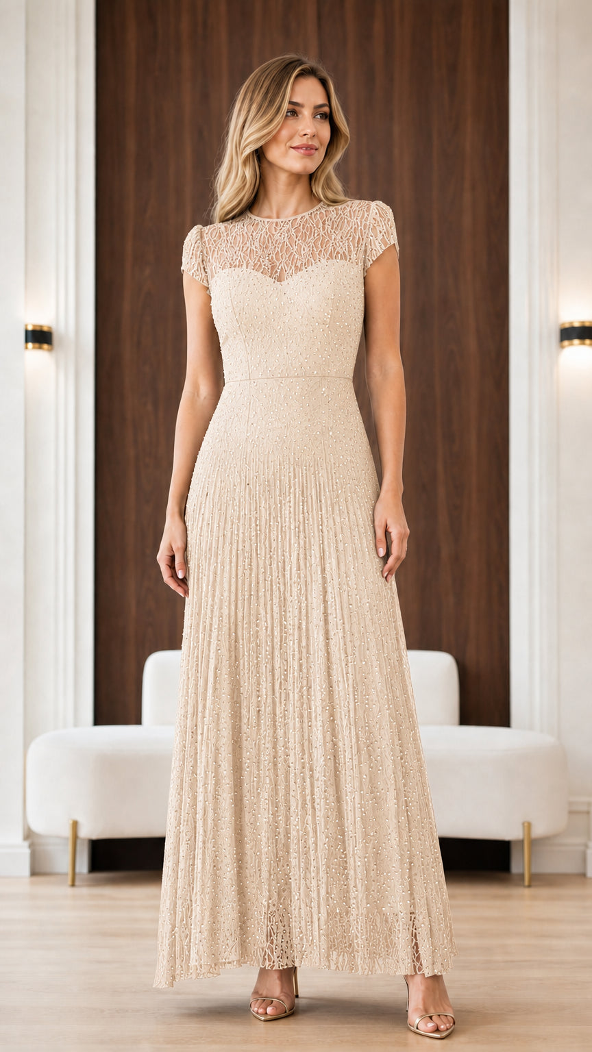 Champagne beige lace illusion cap sleeve pleated formal gown