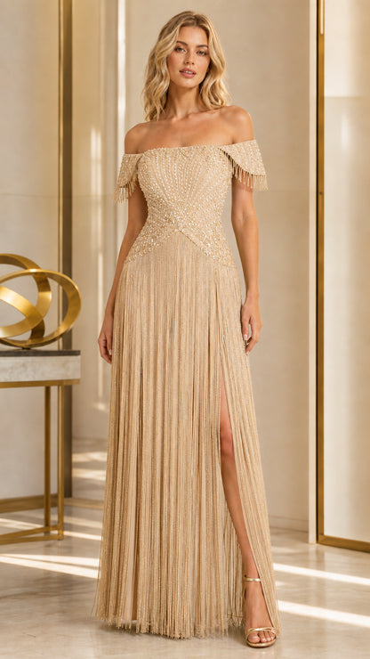 Model wearing champagne gold off-the-shoulder beaded fringe evening dress