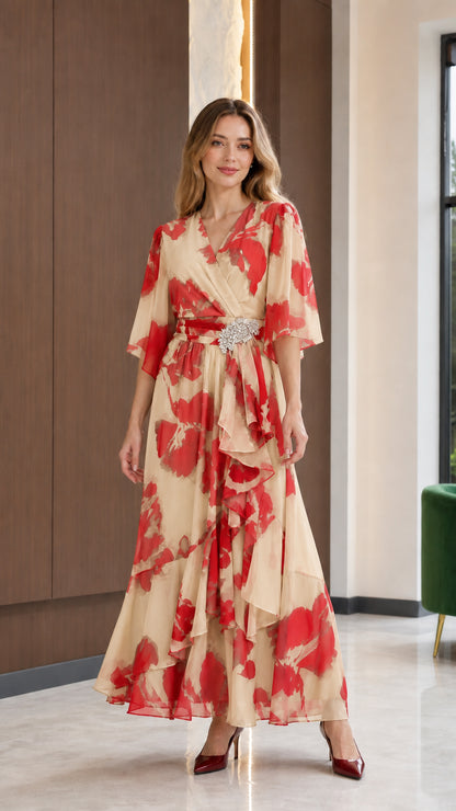 Champagne beige floral print surplice maxi dress with crystal waist detail