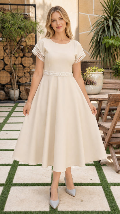 Model wearing cream ivory short sleeve crochet trim A-line swing midi dress