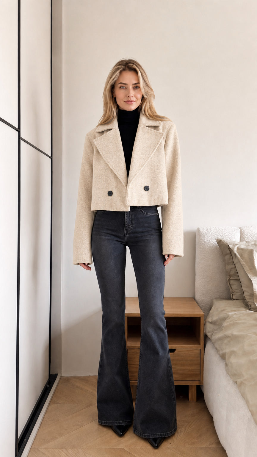 Model wearing cream off-white cropped double-breasted jacket and flared jeans