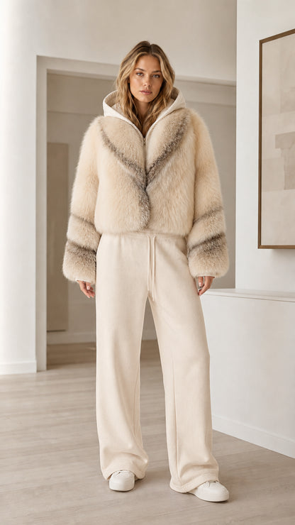 Model wearing ivory cream cropped faux fur hooded jacket with off-white wide-leg sweatpants