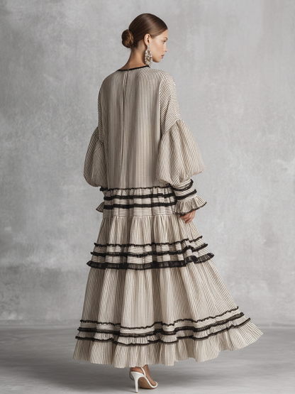 Women's Boho Striped Ruffle Tiered Cotton Blend Long Sleeve Maxi Dress MDZ1426B2BA