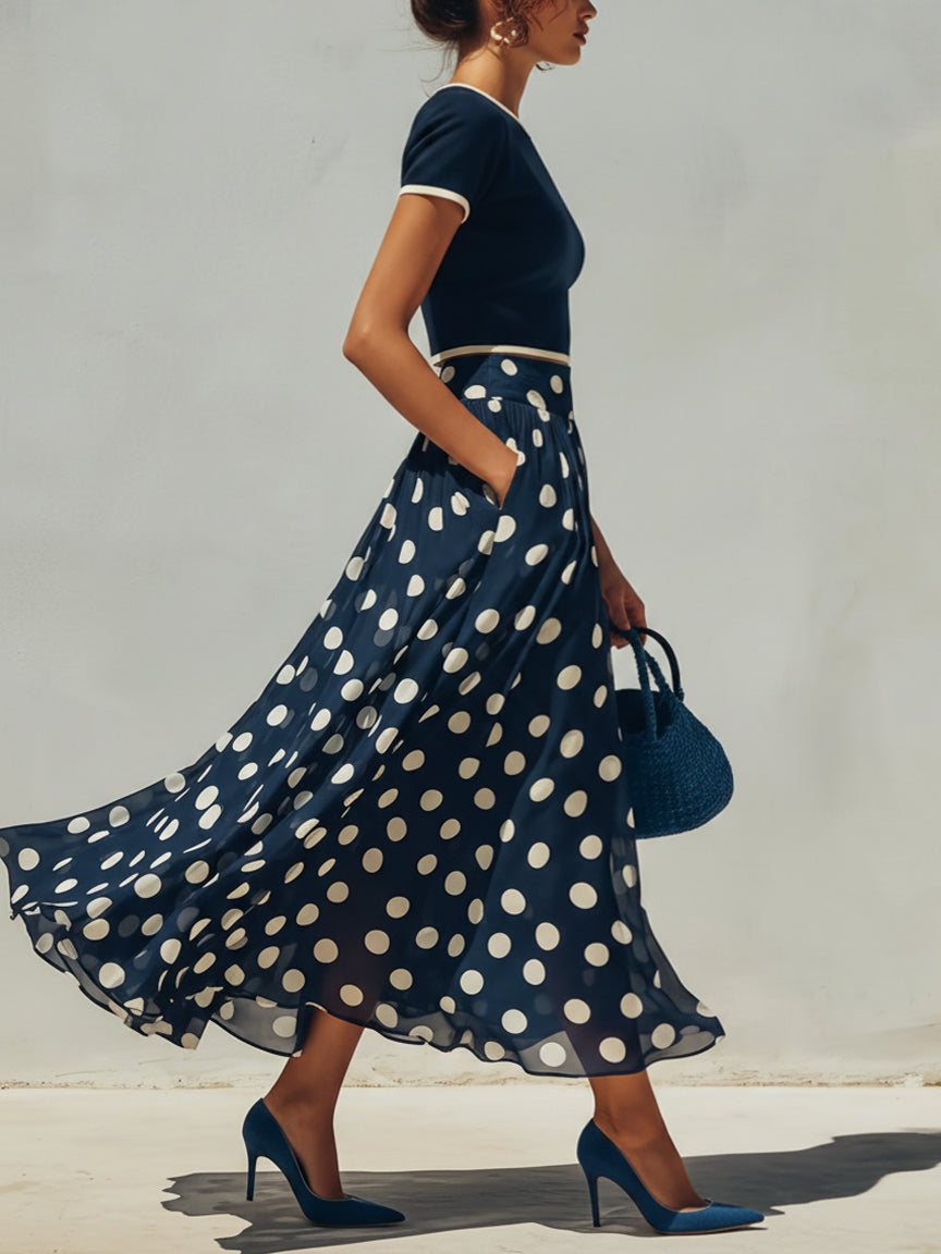 Navy Knit Top And Polka Dot Chiffon Skirt Set
