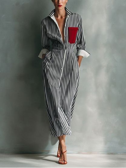 Women's Blue And White Cotton Blend Striped Shirt Dress With Red Chest Pocket MDZ1286C2T
