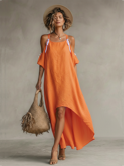 Women's Tangerine Linen Dress With Cold Shoulder & High-Low Hem, Timeless Boho-Resort Style Dress MDZ0337C4I