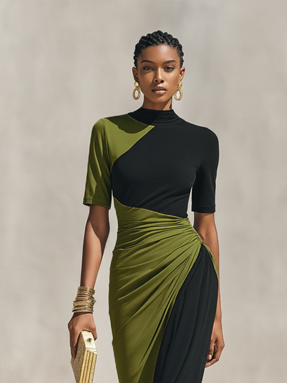 Women's Black & Olive Green Color-Block Jersey Maxi Dress With High Neck & Waist Ruched Detail, Elegant Bodycon Evening Dress MDZ0948F9LYL