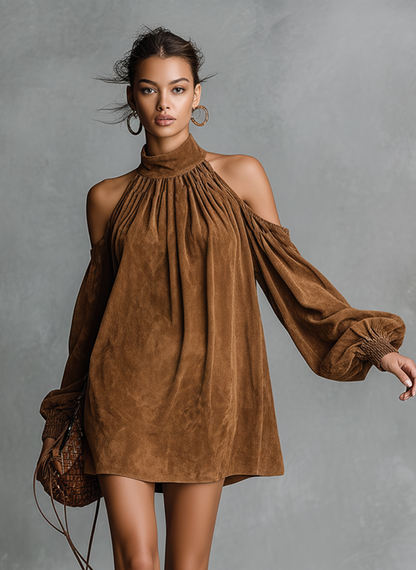 Women's Loose-fitting Faux Suede Halter Neck Semi-high Collar Lantern Sleeve Mini Dress MDA3118J4Y