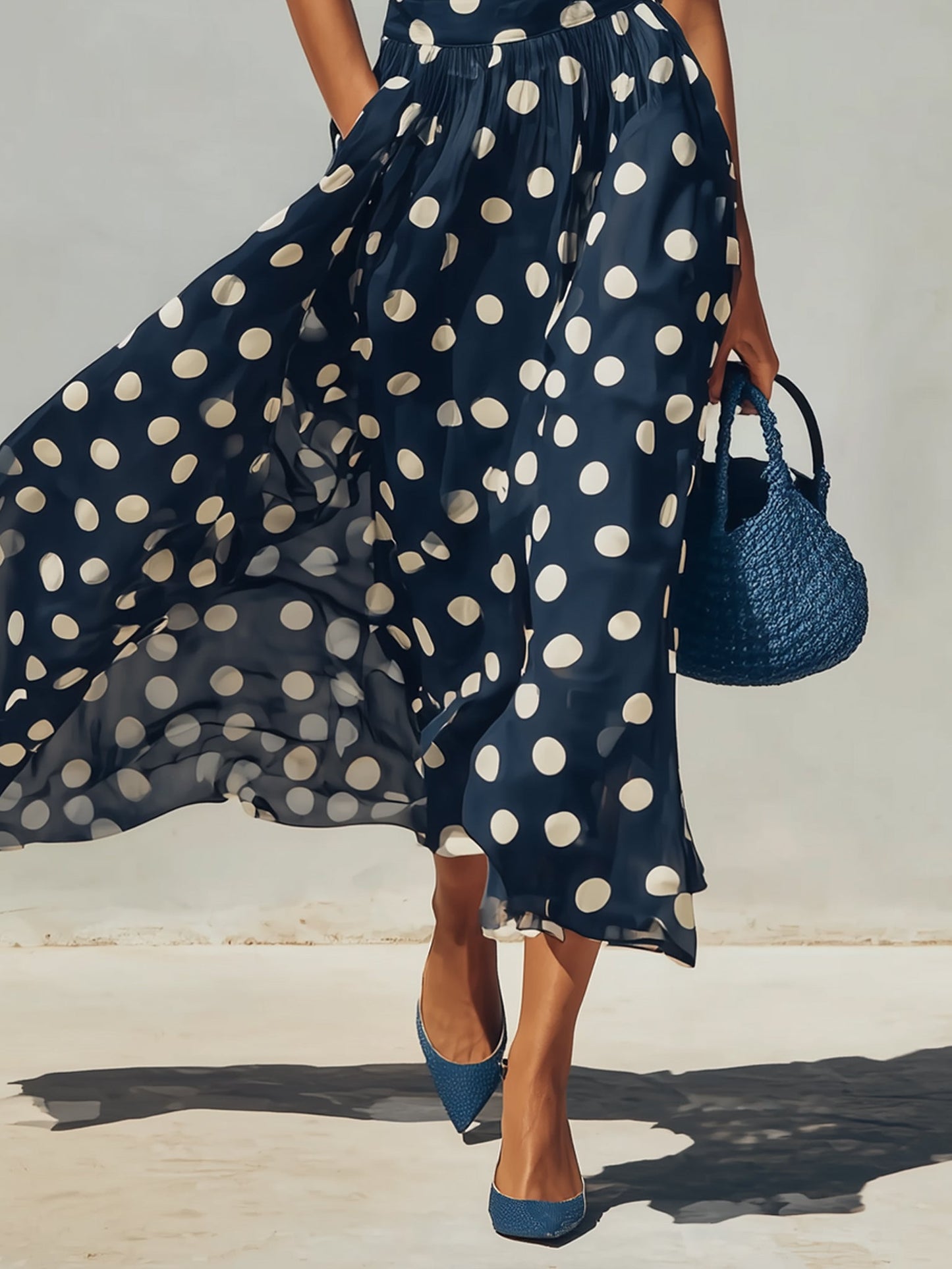 Navy Knit Top And Polka Dot Chiffon Skirt Set