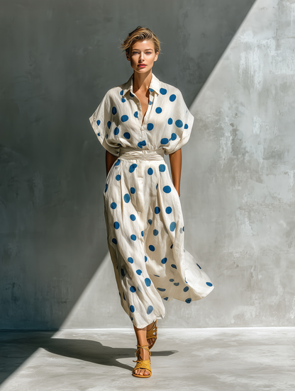 Women’s Off-White Linen-Blend Polka Dot Shirt Dress With Waist Cincher & Pockets MDZ2481D3T