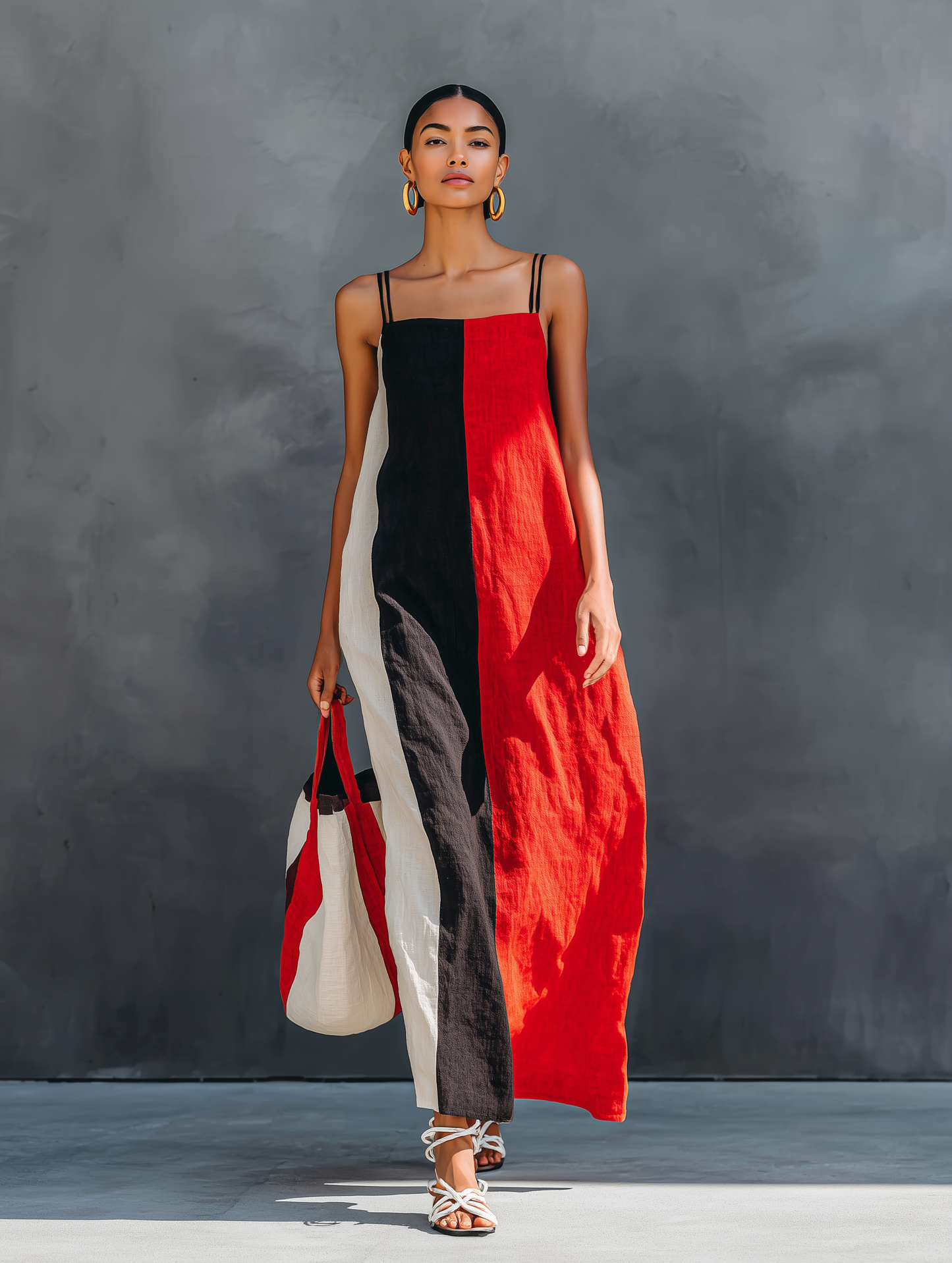 Women's Minimalist Color-Block Linen-Blend Maxi Dress With Square Neck And Spaghetti Straps MDZ2974D6Y