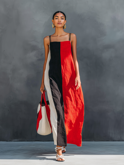 Women's Minimalist Color-Block Linen-Blend Maxi Dress With Square Neck And Spaghetti Straps MDZ2974D6Y