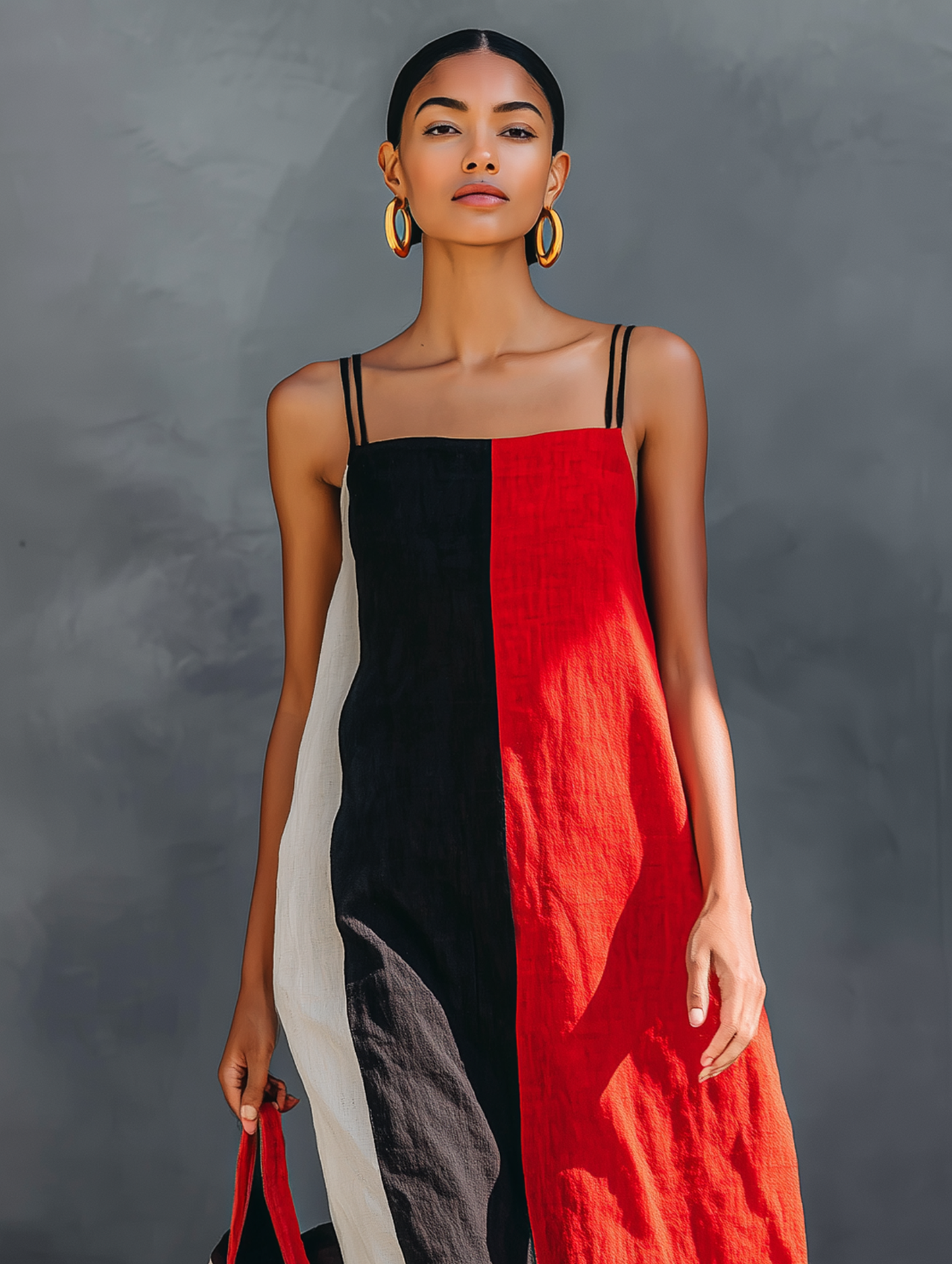 Women's Minimalist Color-Block Linen-Blend Maxi Dress With Square Neck And Spaghetti Straps MDZ2974D6Y