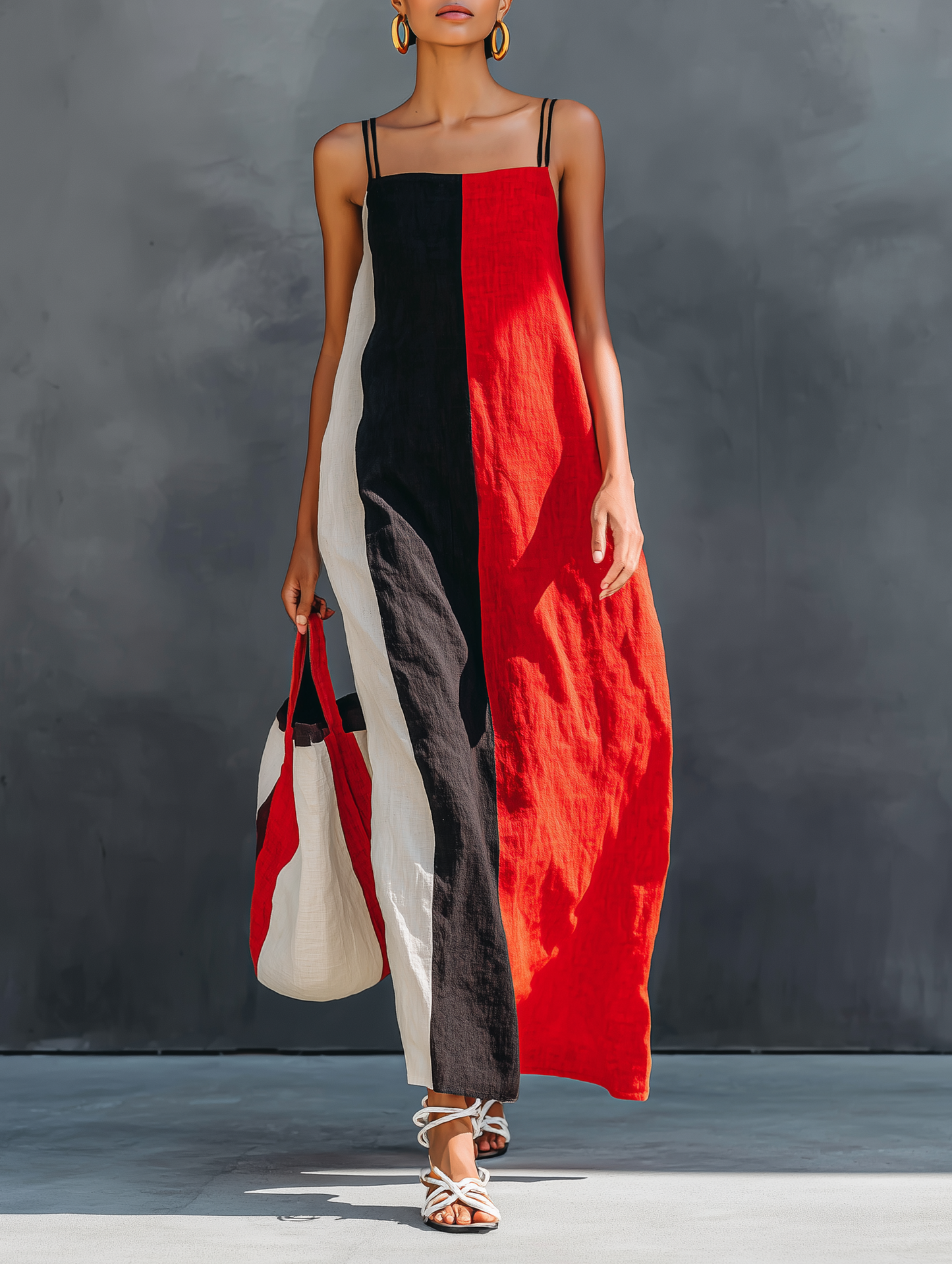 Women's Minimalist Color-Block Linen-Blend Maxi Dress With Square Neck And Spaghetti Straps MDZ2974D6Y
