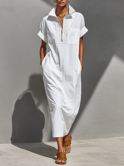 Women's White 100% Cotton Maxi Shirt Dress With Half-Zip Collar & Rolled Sleeves, Timeless Casual Everyday Dress MDZ0779E4LYL